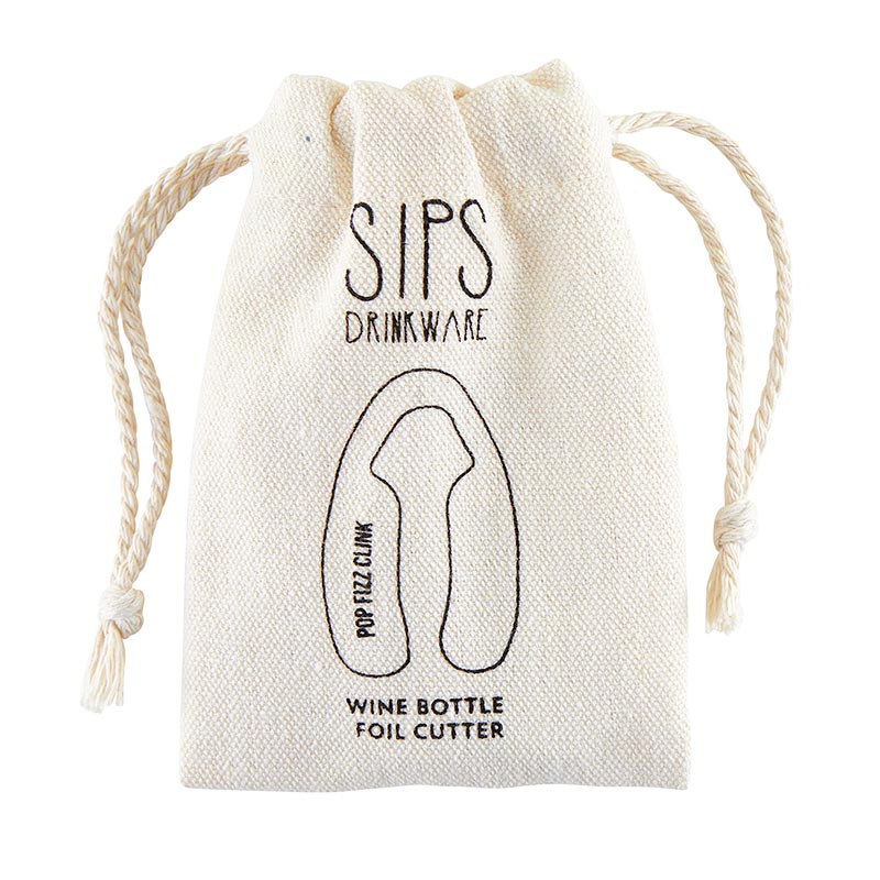 SIPS DRINKWARE: STAINLESS STEEL FOIL CUTTER IN DRAWSTRING POUCH - POP FIZZ CLINK