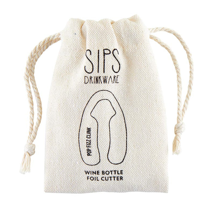 SIPS DRINKWARE: STAINLESS STEEL FOIL CUTTER IN DRAWSTRING POUCH - POP FIZZ CLINK