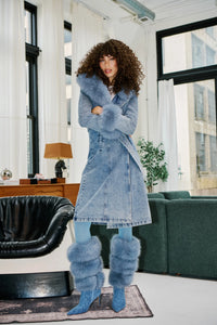 AZALEA WANG: KAYA-DENIM FAUX FUR TRENCH JACKET