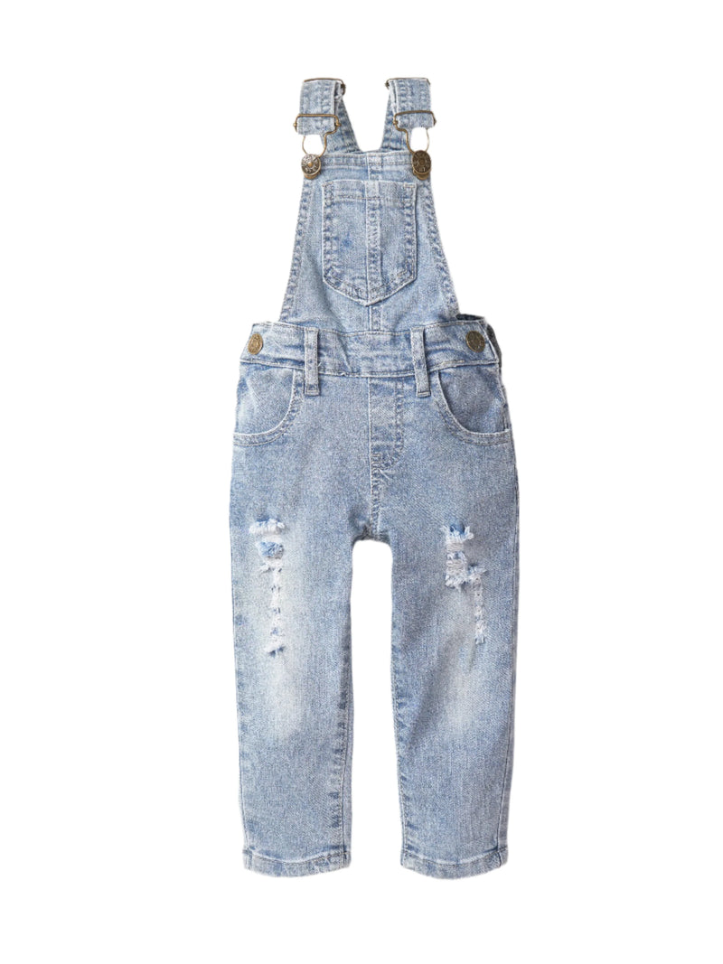 LITTLE BIPSY: DISTRESSED DENIM OVERALL - LIGHT WASH