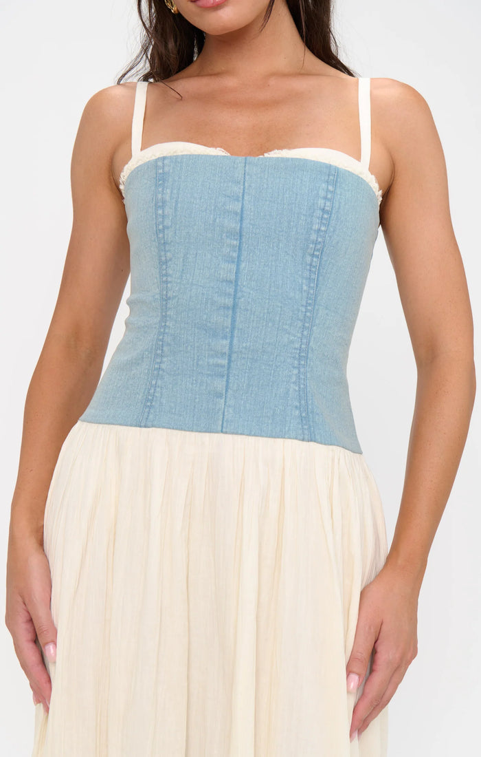 SHOW ME YOUR MUMU: TIFFANY MAXI DRESS - LIGHT INDIGO WITH CREAM VOILE