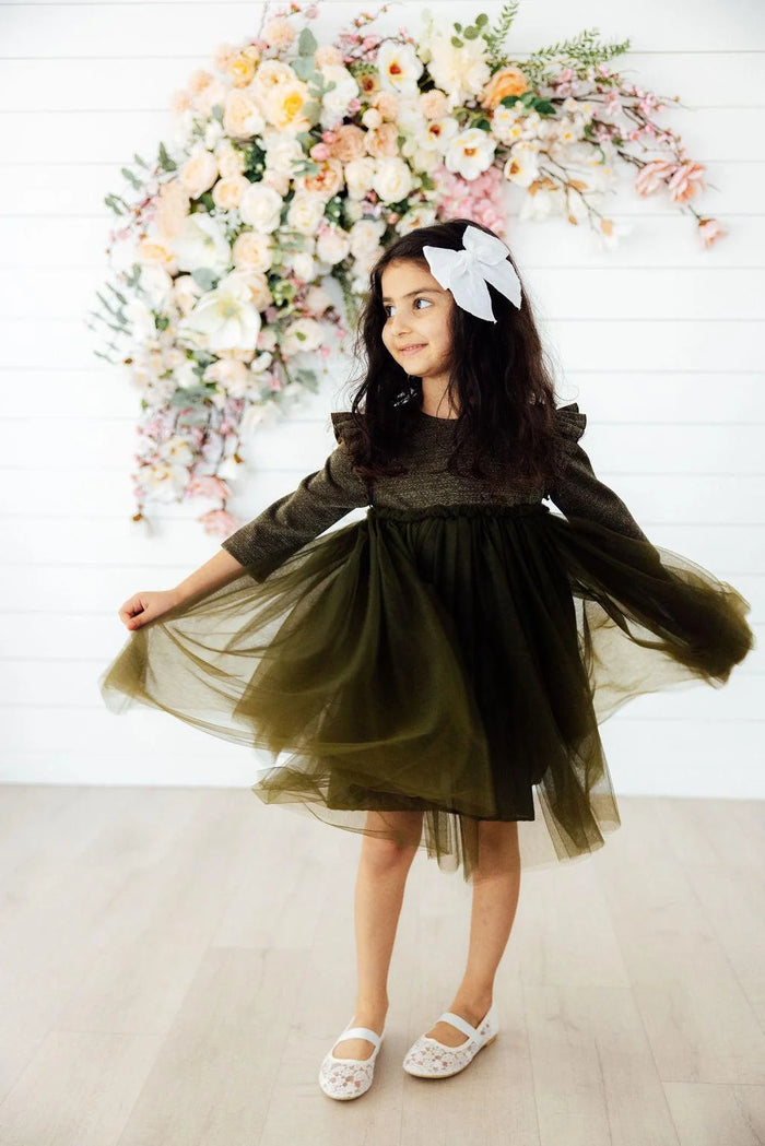 MILA & ROSE: OLIVE SHIMMER 3/4 SLEEVE TUTU DRESS