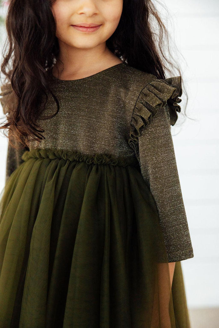 MILA & ROSE: OLIVE SHIMMER 3/4 SLEEVE TUTU DRESS