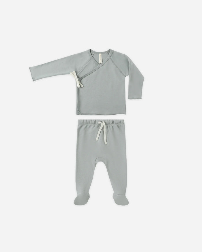 QUINCY MAE: WRAP TOP + FOOTED PANT SET || STEEL BLUE