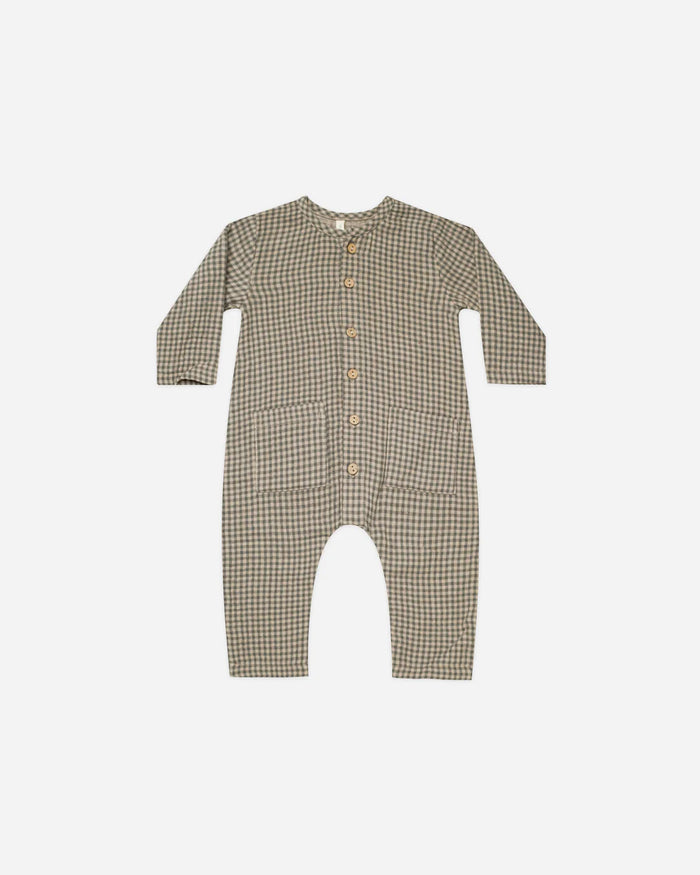 QUINCY MAE: POCKETED WOVEN JUMPSUIT || FOREST MICRO PLAID