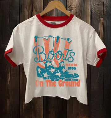 COUNTRY DEEP: BOOTS ON THE GROUND AUSTIN BASH RINGER RELAXED CROP TEE