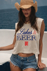 COUNTRY DEEP: LAKES & BEER BOXY MUSCLE TOP - VINTAGE WHITE