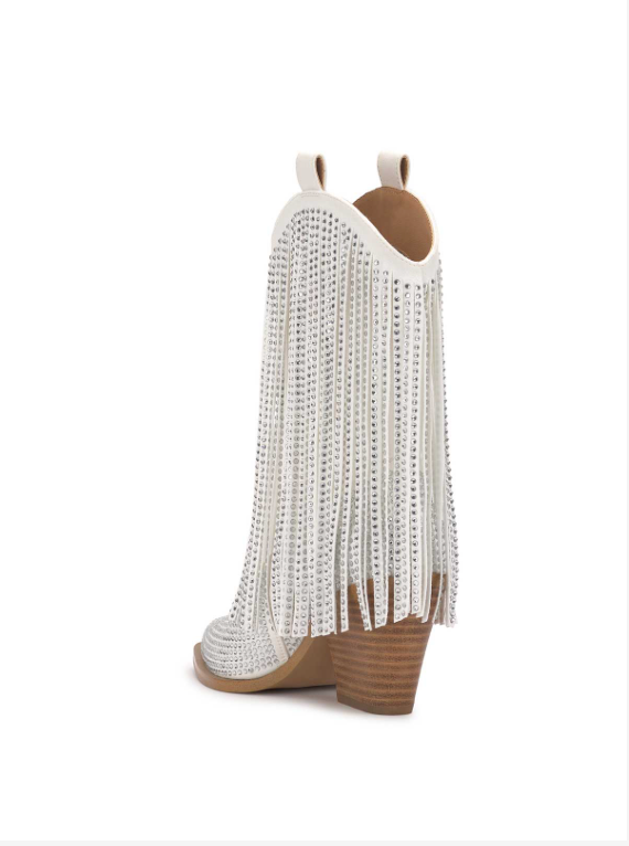 JESSICA SIMPSON: PAREDISA FRINGE BOOTIE- WHITE