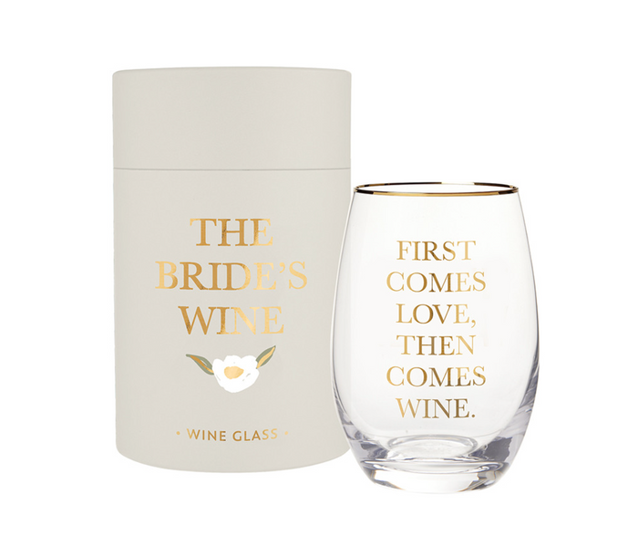 GOLD FOIL STEMLESS WINE GLASS - FIRST COMES LOVE, THEN COMES WINE