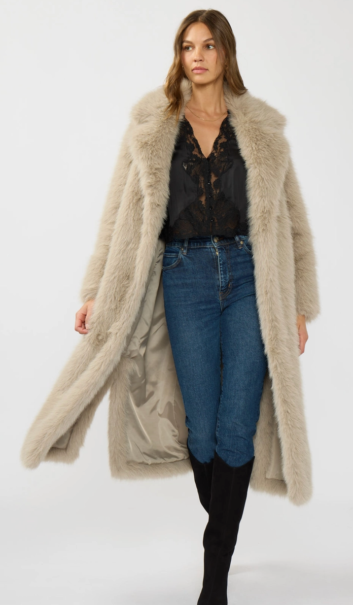 LONG FAUX FUR COAT WITH SIDE SLITS - GRAY