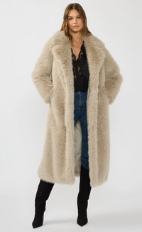 LONG FAUX FUR COAT WITH SIDE SLITS - GRAY