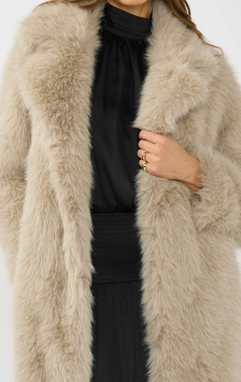 LONG FAUX FUR COAT WITH SIDE SLITS - GRAY