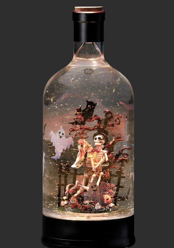 11"H LIGHTED SWIRL HALLOWEEN BOTTLE WITH HALLOWEEN SCENE