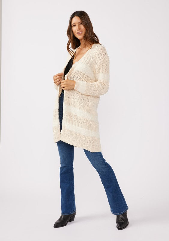 LOVESTITCH: TEXTURED PATCHWORK OPEN FRONT KNIT CARDIGAN