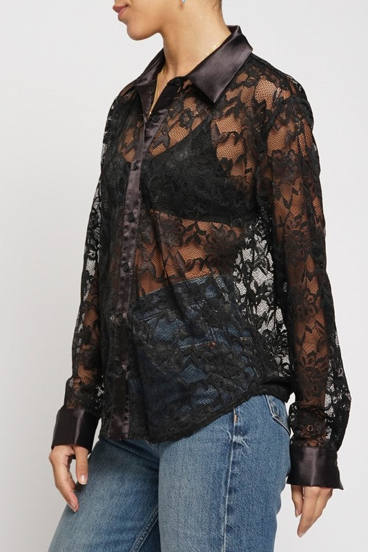 BUTTON DOWN LACE SHIRT - BLACK