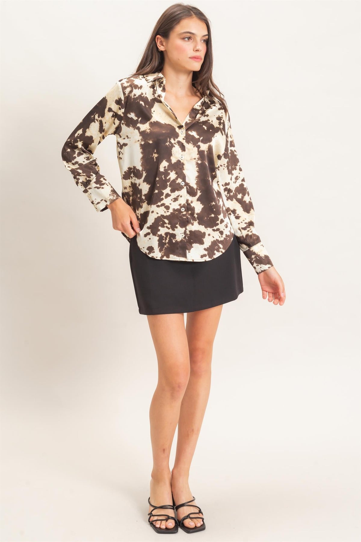 SATIN COW PRINT BUTTON-UP SHIRT