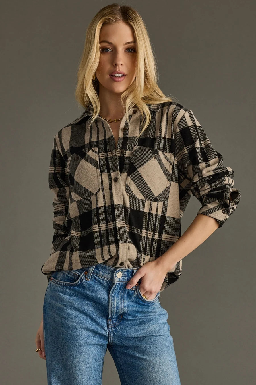 PANACHE APPAREL: TAN & BLACK PLAID BUTTON UP