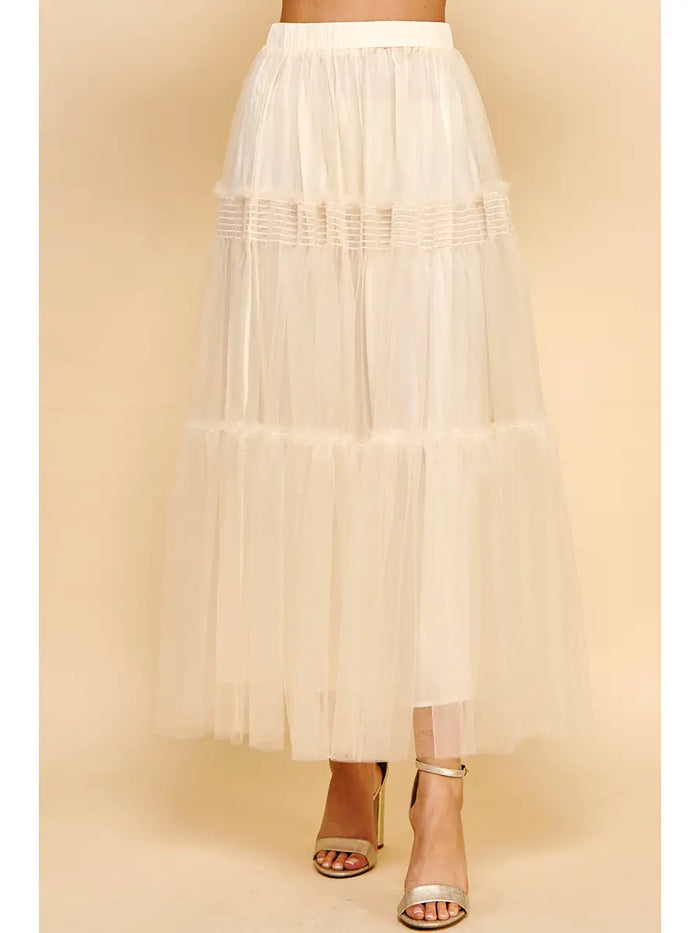 TULLE MESH TIERED MAXI SKIRT - IVORY