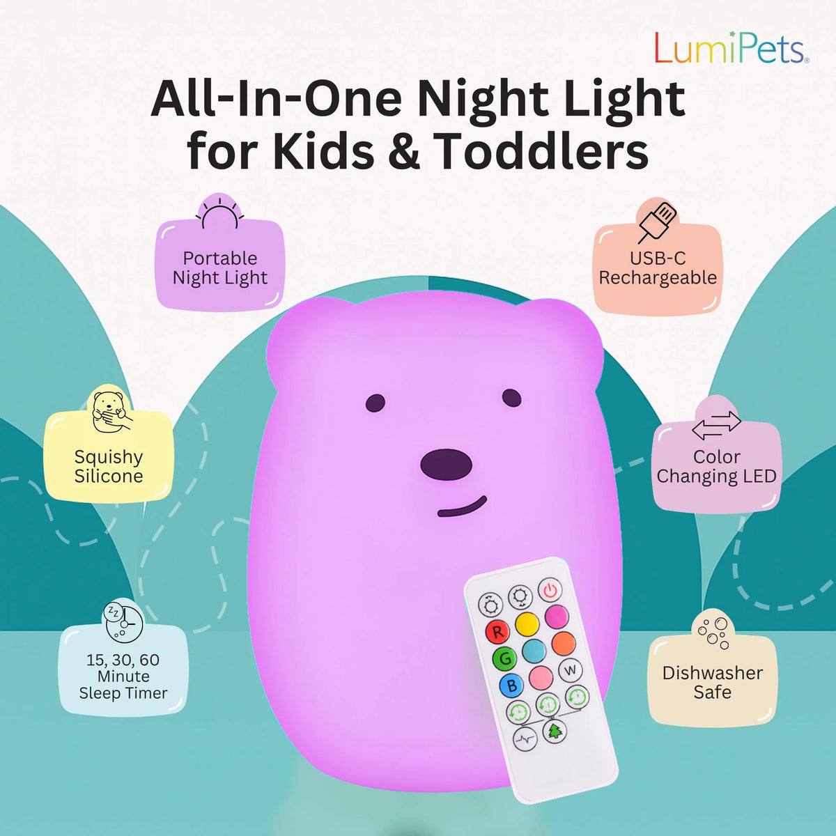 LUMIPETS®: BENNY THE BEAR - CHILDREN'S TOUCH NIGHT LIGHT WITH REMOTE