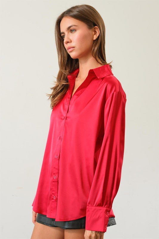 SATIN BUTTON FRONT SHIRT - RED