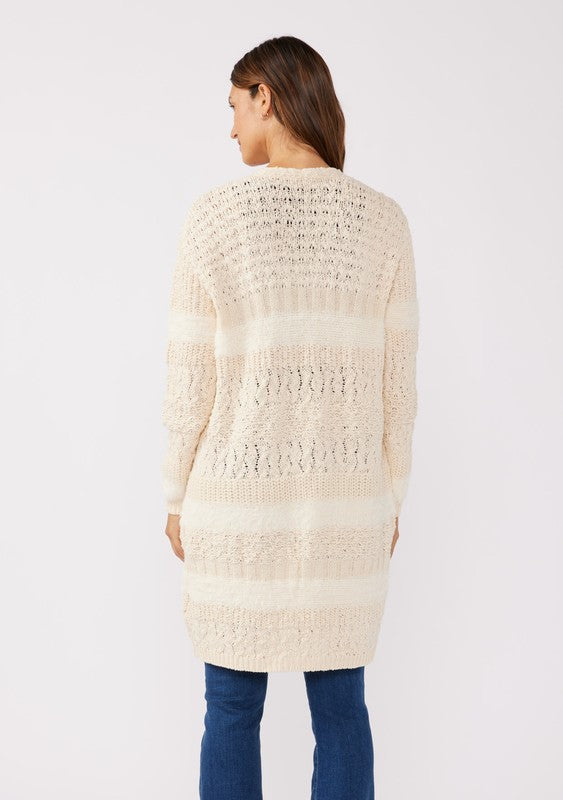 LOVESTITCH: TEXTURED PATCHWORK OPEN FRONT KNIT CARDIGAN