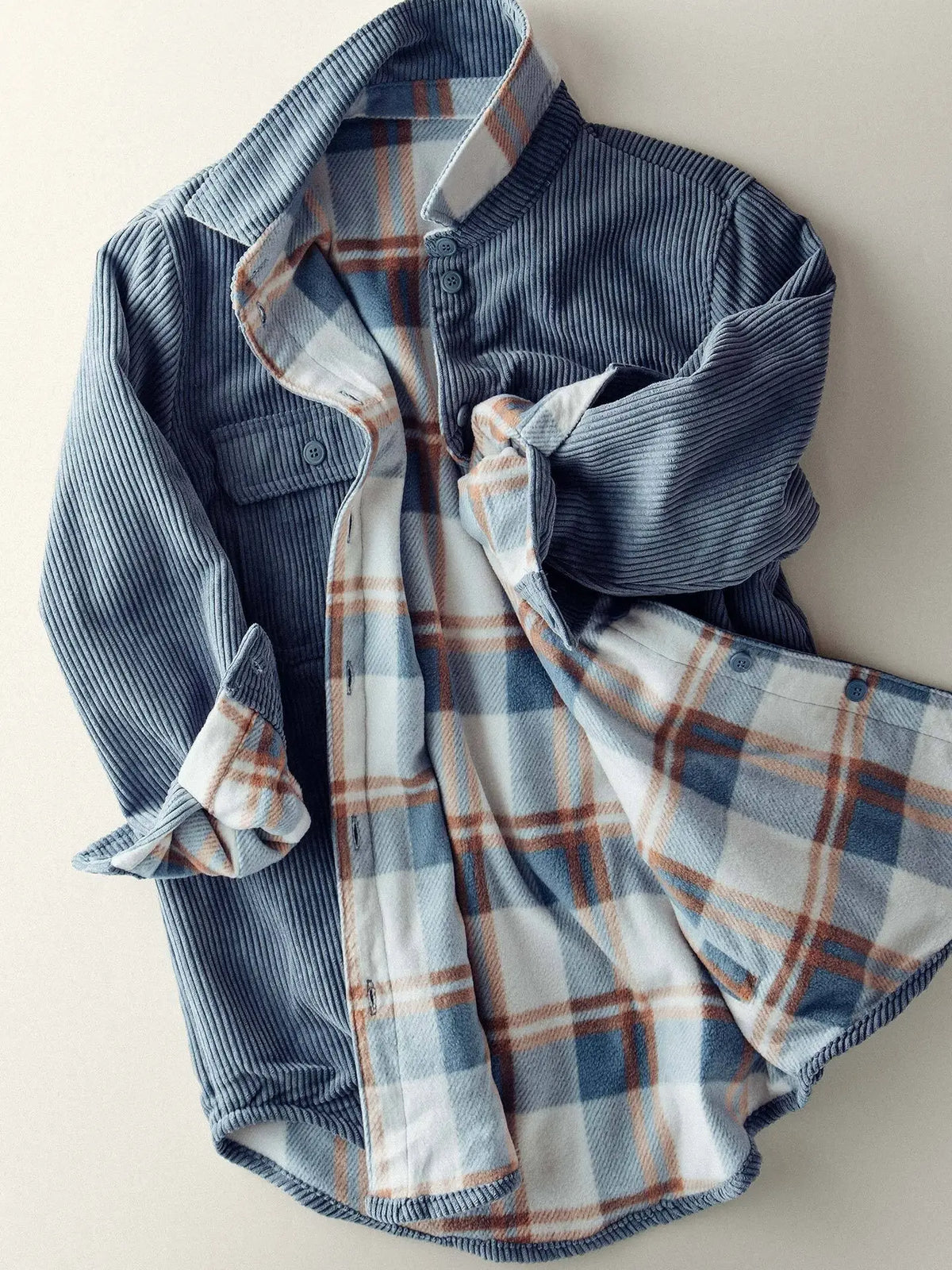 PLAID LINED CORDUROY FLANNEL SHACKET - BLUESTONE