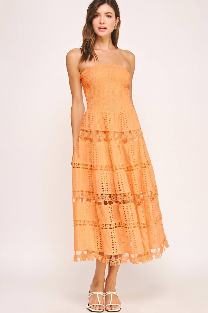 EYELET LACE TUBE DRESS - PAPAYA
