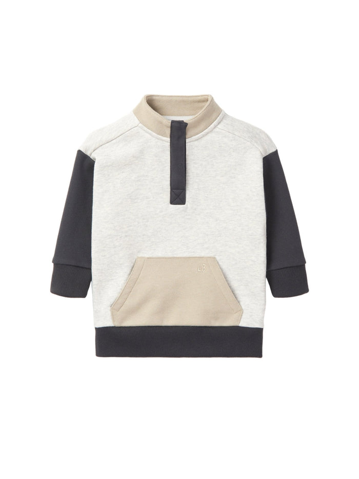 LITTLE BIPSY: COLORBLOCK MOCKNECK PULLOVER - STONE GREY