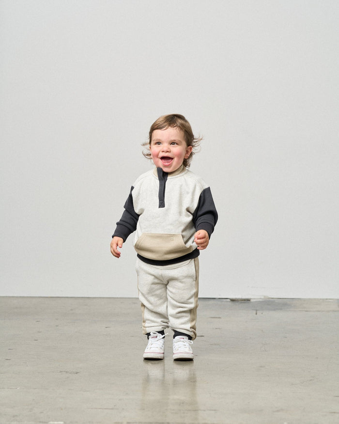 LITTLE BIPSY: COLORBLOCK MOCKNECK PULLOVER - STONE GREY