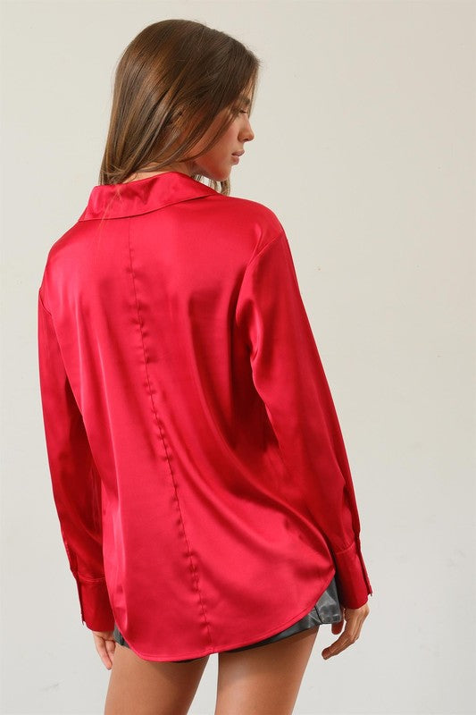 SATIN BUTTON FRONT SHIRT - RED