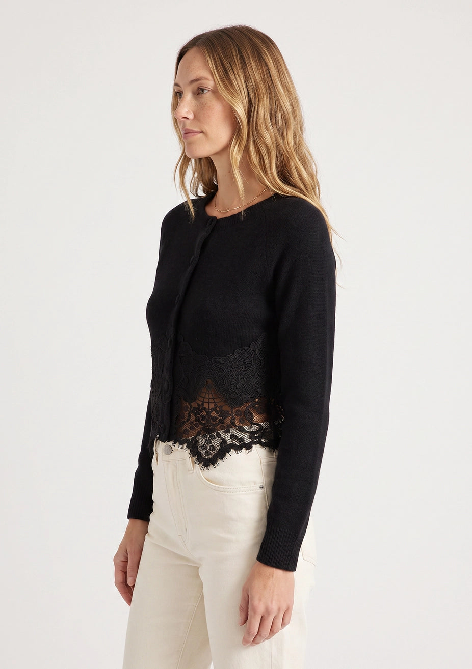 LOVESTITCH: WOMENS LACE TRIMMED CARDIGAN - BLACK