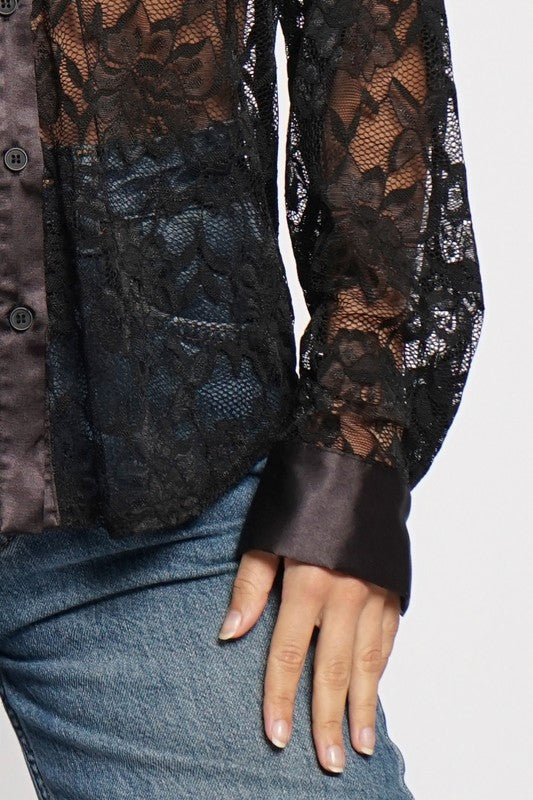 BUTTON DOWN LACE SHIRT - BLACK