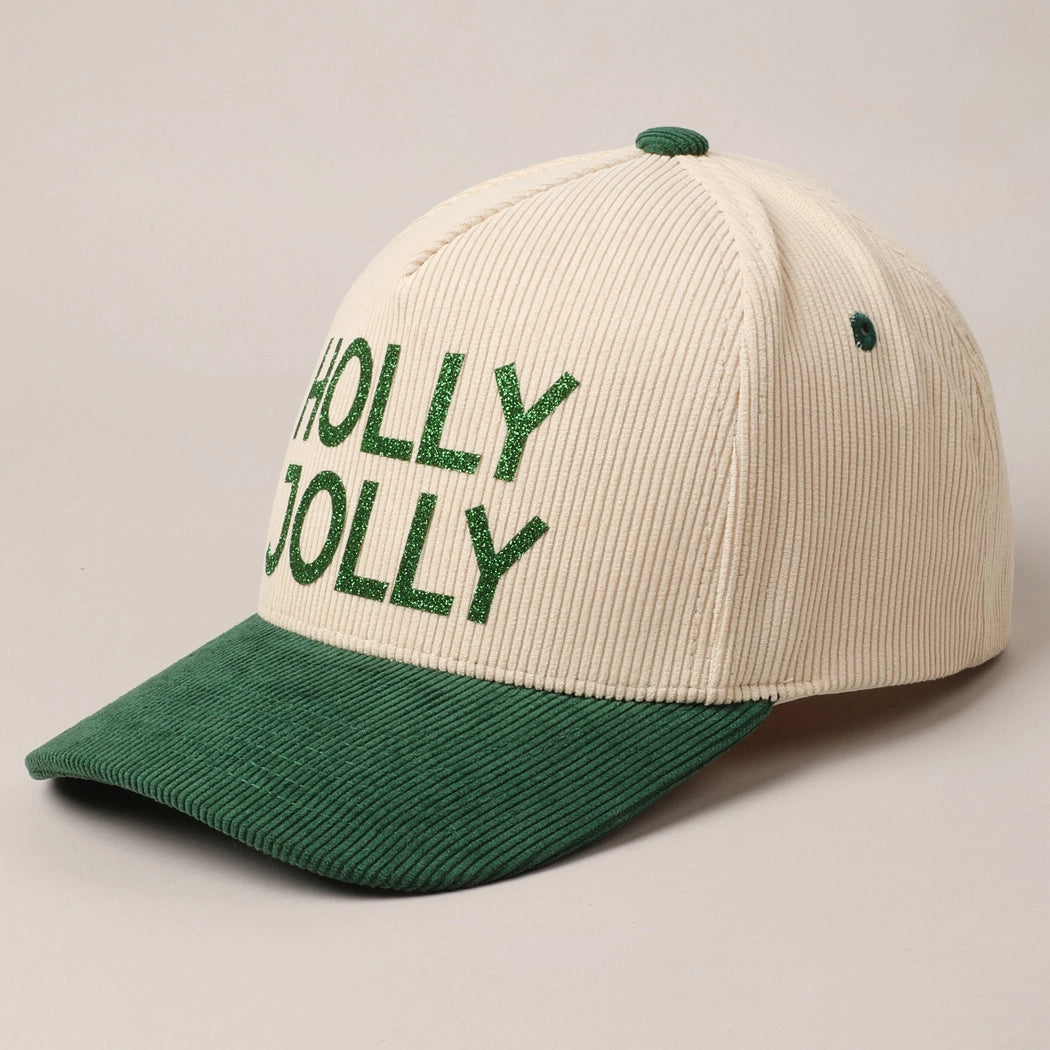 HOLLY JOLLY GLITTER TEXT TWO-TONE CORDUROY CAP