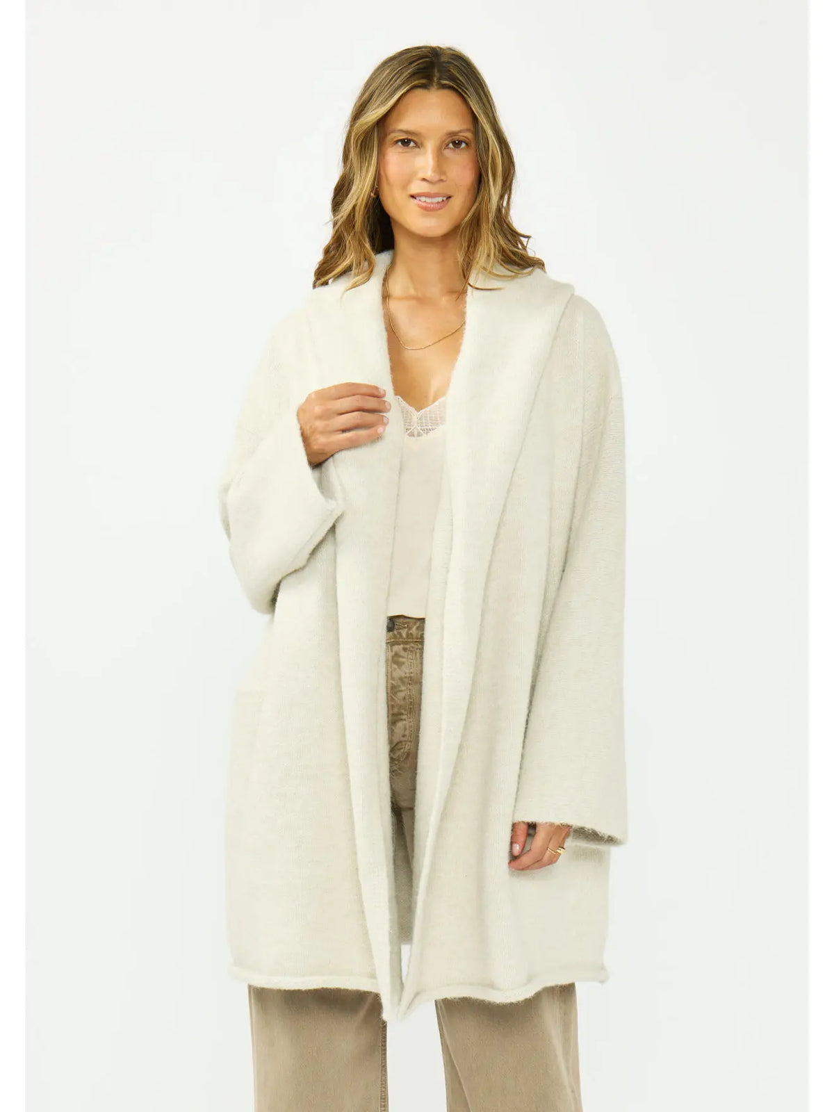 OVERSIZED TWO POCKET KNIT CARDIGAN - HEATHER CREAM