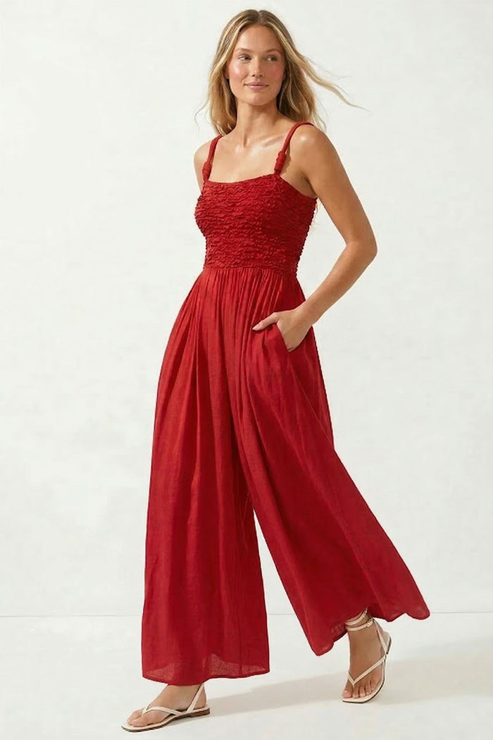 SMOCKED WIDE LEG JUMPSUIT - RED