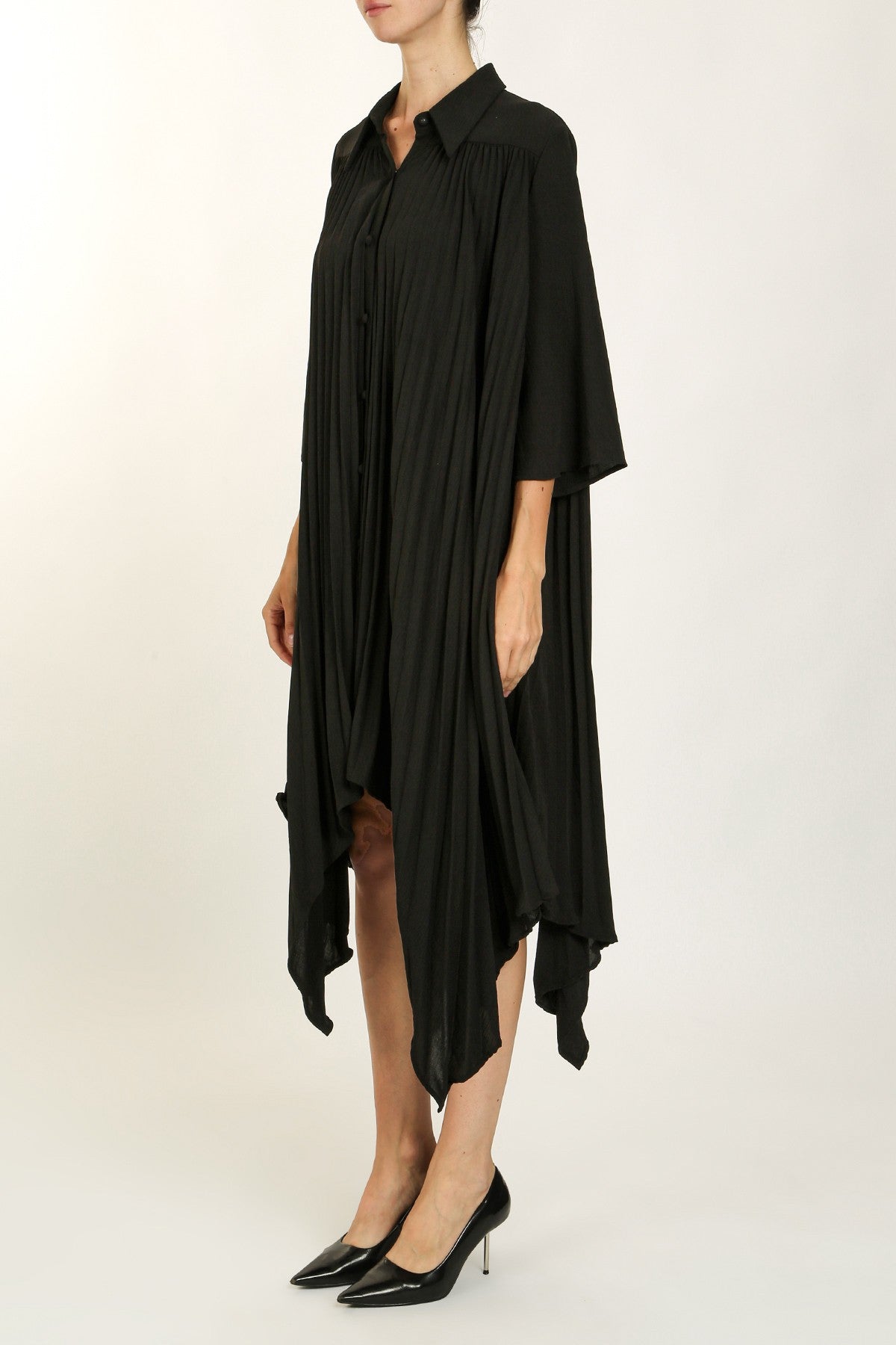 ASYMMETRICAL DRAPED HEM PLEAT MIDI SHIRT DRESS- BLACK