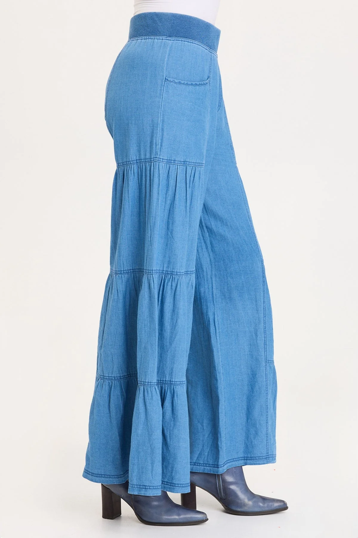 XCVI: DUGAN MOCK-DENIM SIDE TIERED WIDE LEG PANT - ETIOLATE WASH