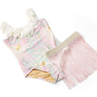SHADE CRITTERS: PINK & GREEN METALLIC GIRLS HULA ONE PIECE & SKIRT SWIM SET