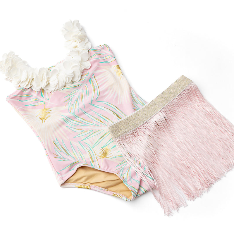 SHADE CRITTERS: PINK & GREEN METALLIC GIRLS HULA ONE PIECE & SKIRT SWIM SET