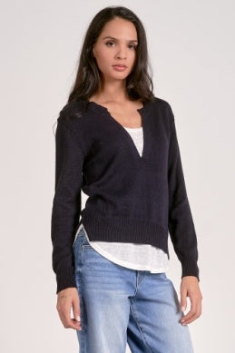 ELAN: V-NECK LAYERED SWEATER - NAVY/WHITE