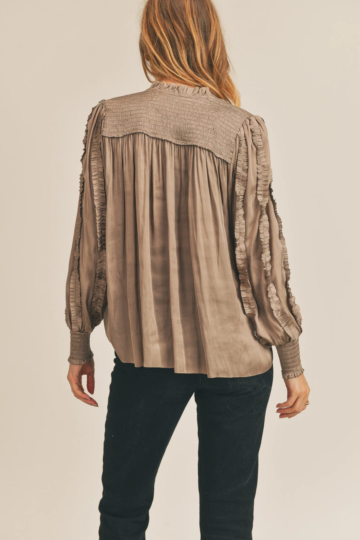 RESET BY JANE: KARISSA RUFFLE BLOUSE - MOCHA