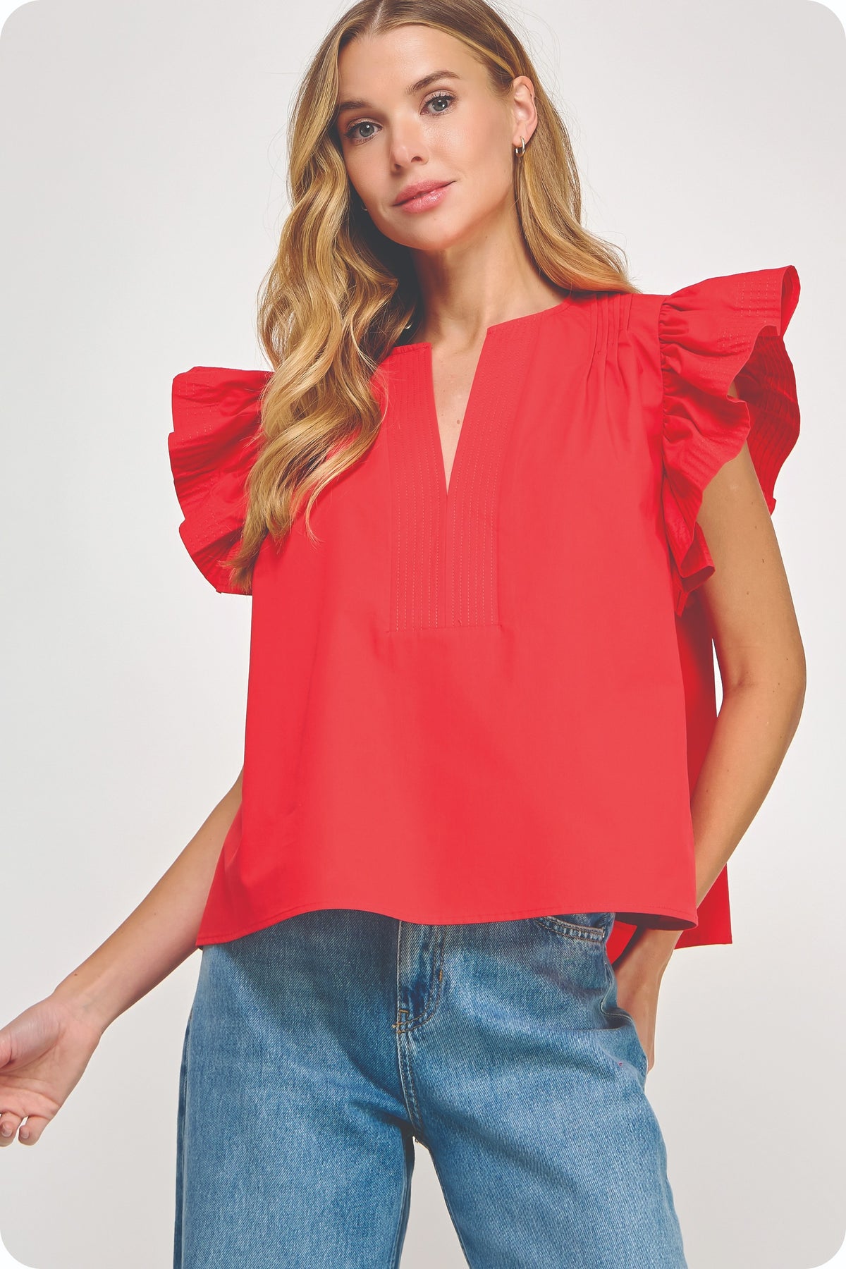 FLUTTER RUFFLE SLEEVE POPLIN TOP - RED
