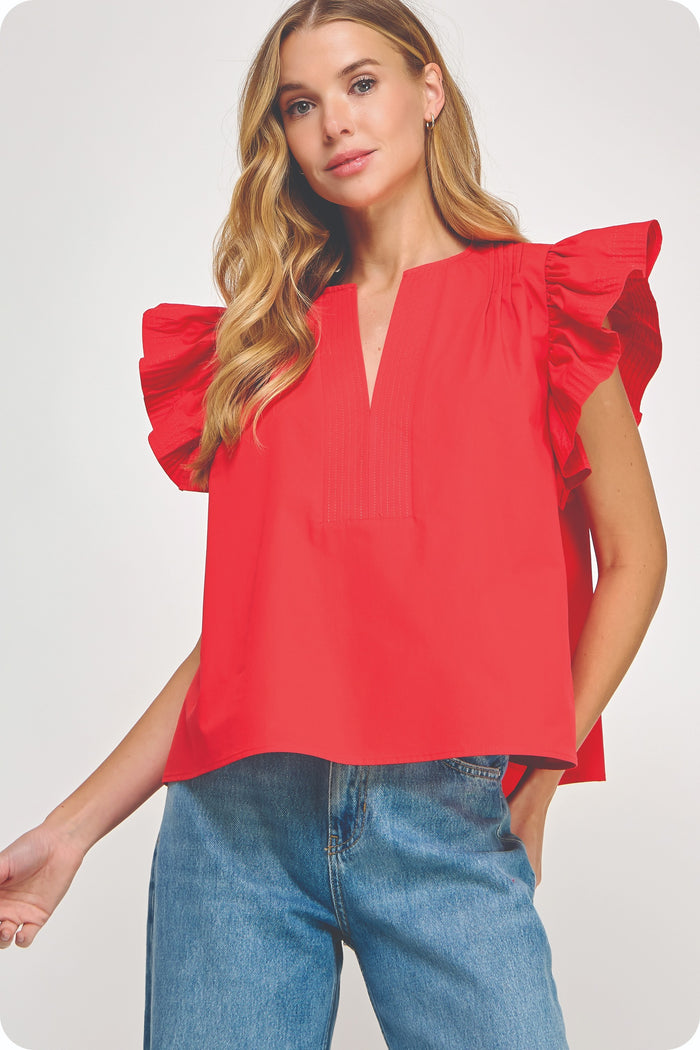 FLUTTER RUFFLE SLEEVE POPLIN TOP - RED