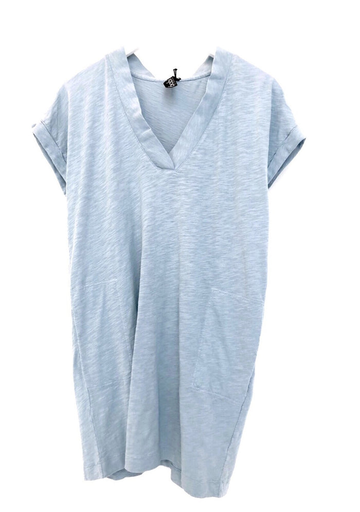 BOBI: ROLLED CUFF SHORT SLEEVE V-NECK DOLMAN DRESS - RAINSTORM