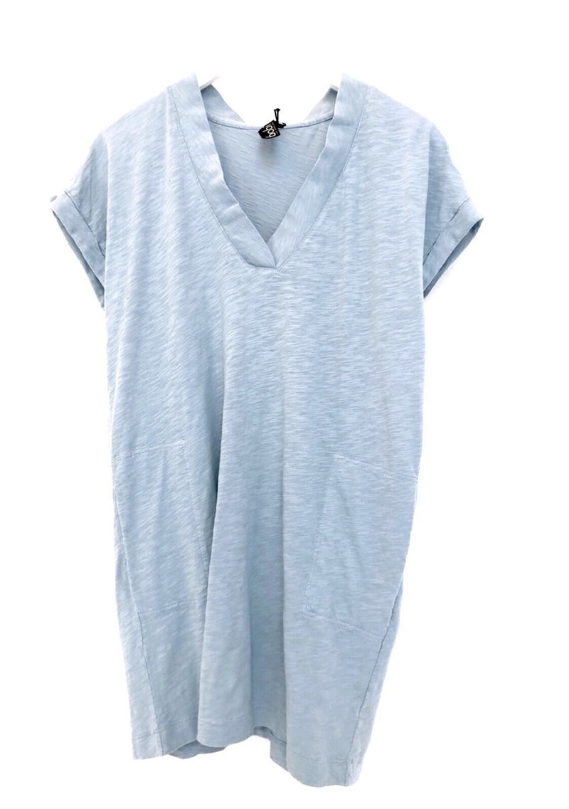 BOBI: ROLLED CUFF SHORT SLEEVE V-NECK DOLMAN DRESS - RAINSTORM