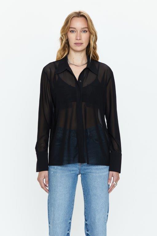 PISTOLA: CELINE MESH LONG SLEEVE BUTTON DOWN - BLACK NOIR