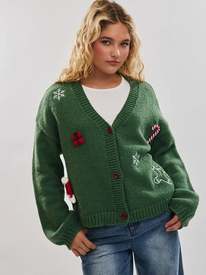 LE LIS: CHRISTMAS KNIT CARDIGAN SWEATER - GREEN
