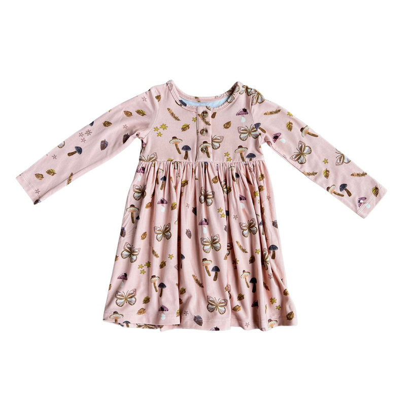 BABYSPROUTS: LONG SLEEVE HENLEY DRESS - BUTTERFLIES & MUSHROOMS