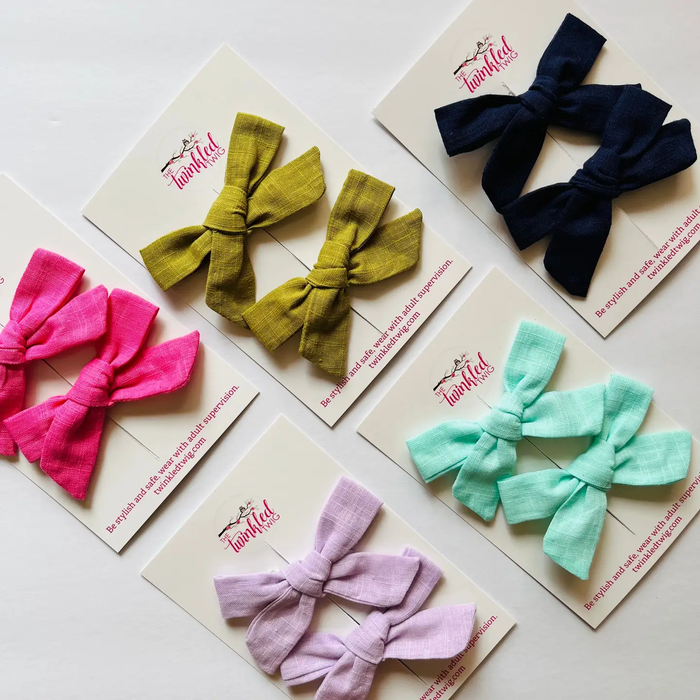 TWINKLED TWIG: LINEN 3" PIGGY TAIL BOW CLIPS - 2-PACK