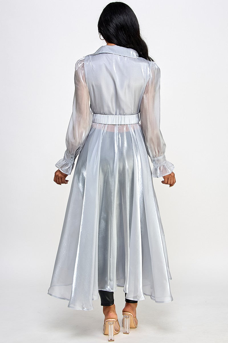 ORGANZA SHEER MESH COAT DRESS WITH BELT- SILVER